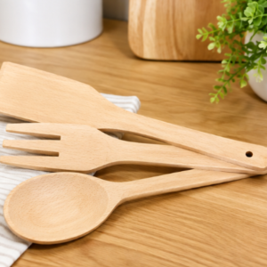 Set de 3 Ustensiles de Cuisine en Bois – Cuillère, Fourchette et Spatule en Bois